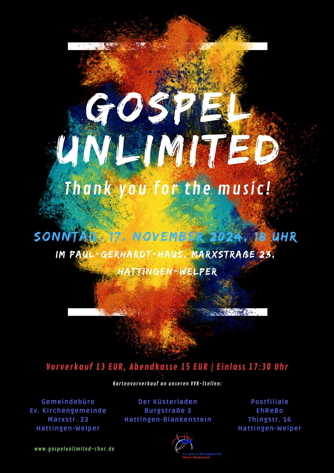 Plakat mit schwarzemn Hintergrund, Farbexplosion und Schriftzug Gospel Unlimited Thank you for the music!